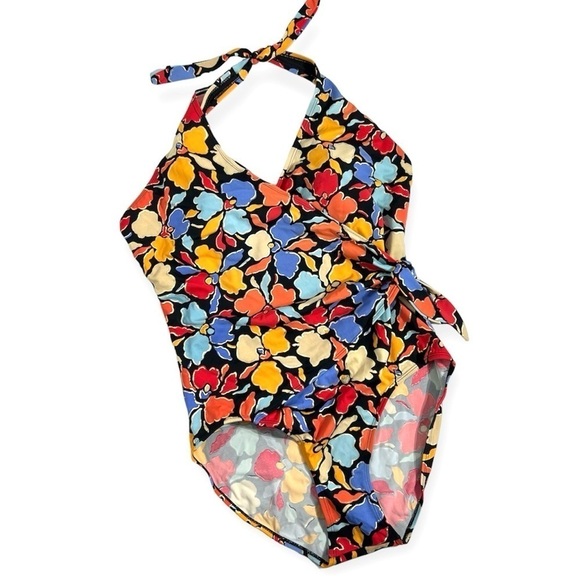 Islander One Piece Swimsuit Sz 18 Halter Tie Faux Wrap Floral Multi-Color Beach - Picture 1 of 11